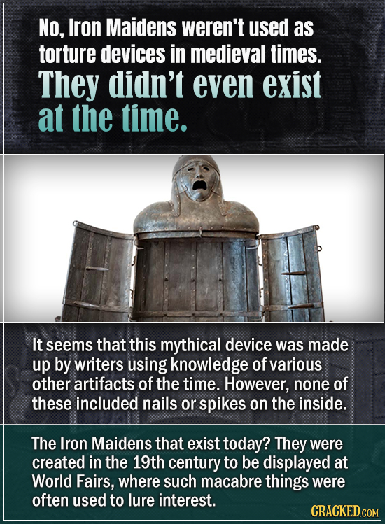 NO, Iron Maidens weren't used as torture devices in medieval times. They didn't even exist at the time. It seems that this mythical device was made up