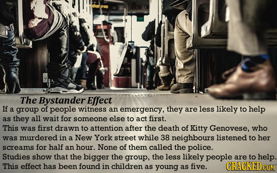 The Bystander Effect If a group of people witness an emergency, they are less likely to help as they all wait for someone else to act first. This was