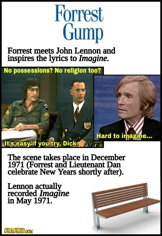 Forrest Gump Forrest meets John Lennon and inspires the lyrics to Imagine. No possessions? No religion too? Hard to imagine... It's easy if you try, D