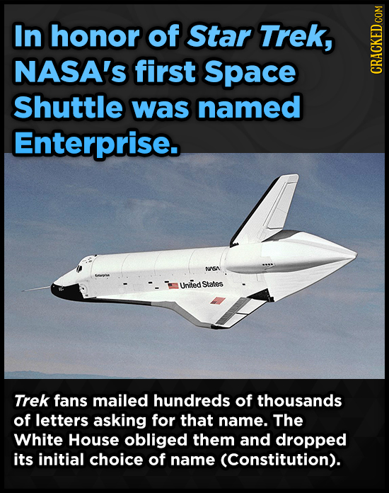 In honor of Star Trek, NASA's first Space CRAUN Shuttle was named Enterprise. NGA United States Trek fans mailed hundreds of thousands of letters aski