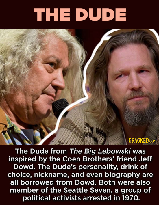 20 Characters You Never Realized Are Based On Real People - The Dude from The Big Lebowski was inspired by the Coen Brothers’ friend Jeff Dowd. The Du