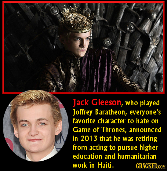 Jack Gleeson, who played Joffrey Baratheon, everyone's favorite character to hate on Game of Thrones, announced in 2013 that he was retiring from acti
