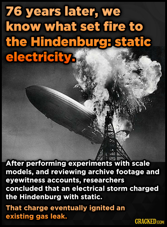 76 years later, we know what set fire to the Hindenburg: static electricity. After performing experiments with scale models, and reviewing archive foo