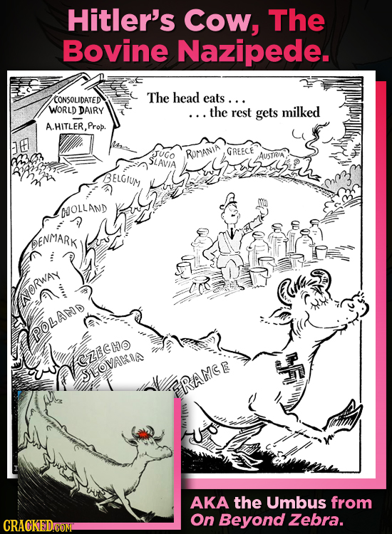 Hitler's Cow, The Bovine Nazipede The CONSOLIDATED head eats ... WORLD DAIRY .the rest gets milked A.HITLER, Prop. ROMANIA GREECE SLAVIA BELGIUM HOLLA