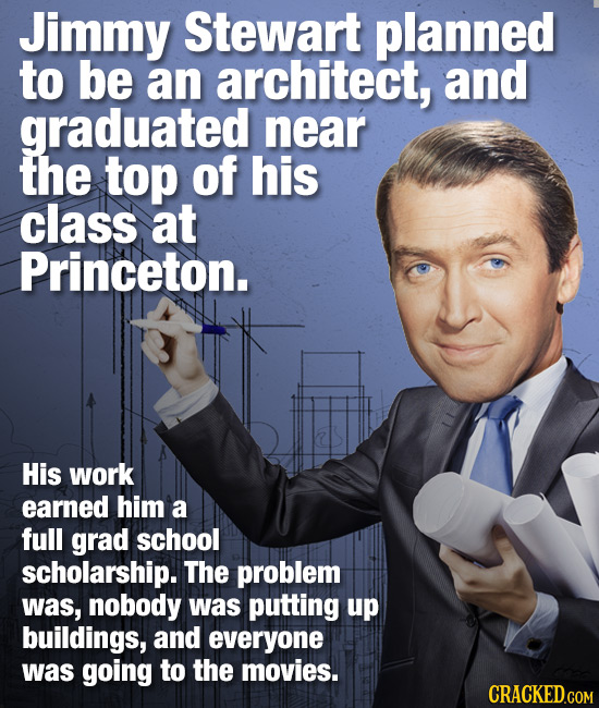 Jimmy Stewart planned to be an architect, and graduated near the top of his class at Princeton. His work earned him a full grad school scholarship. Th