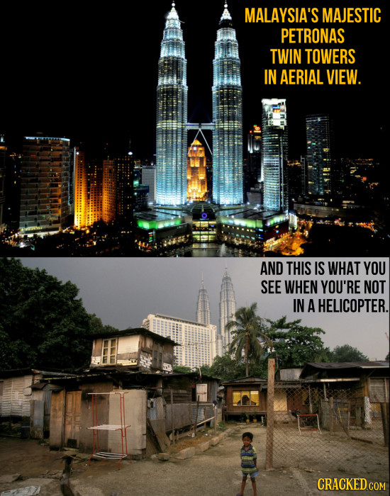 MALAYSIA'S MAJESTIC PETRONAS TWIN TOWERS IN AERIAL VIEW. AND THIS IS WHAT YOU SEE WHEN YOU'RE NOT IN A HELICOPTER. CRACKED COM