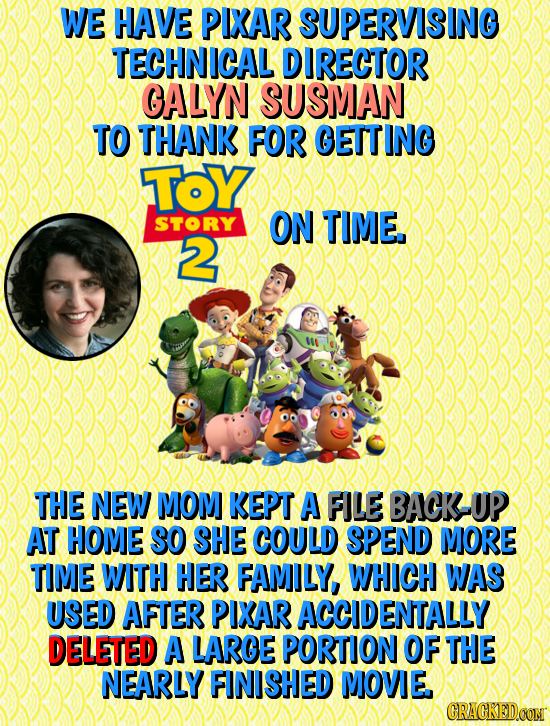 WE HAVE PIXAR SUPERVISING TECHNICAL DIRECTOR GALYN SUSMAN TO THANK FOR GETTING TOY STORY ON TIME. 2 THE NEW MOM KEPT A FILE BACKUP AT HOME SO SHE COUL