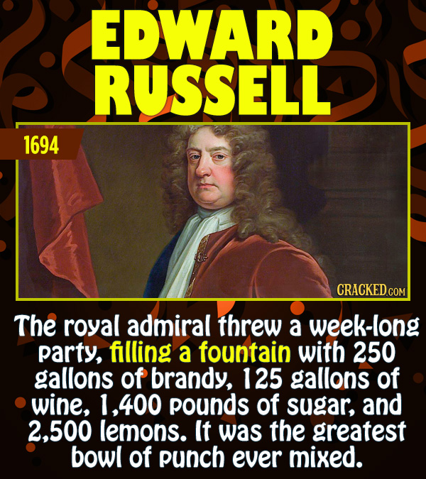 15 Epic Feats of Partying by Famous People - The royal admiral threw a week-long party, filling a fountain with 250 gallons of brandy, 125 gallons of