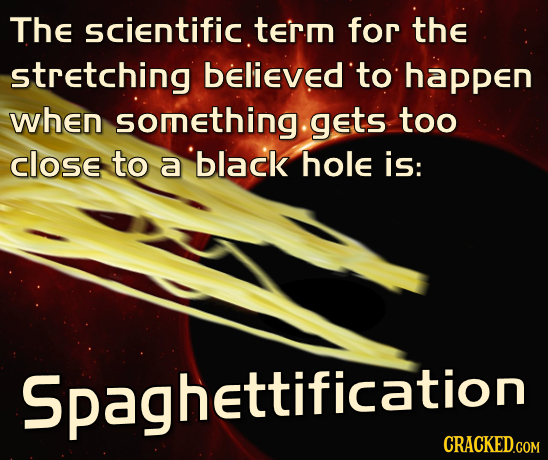 The sciEntific term for the stretching believed to happen when something. gets too close to a black hole is: Spaghettification ettification CRACKED.CO