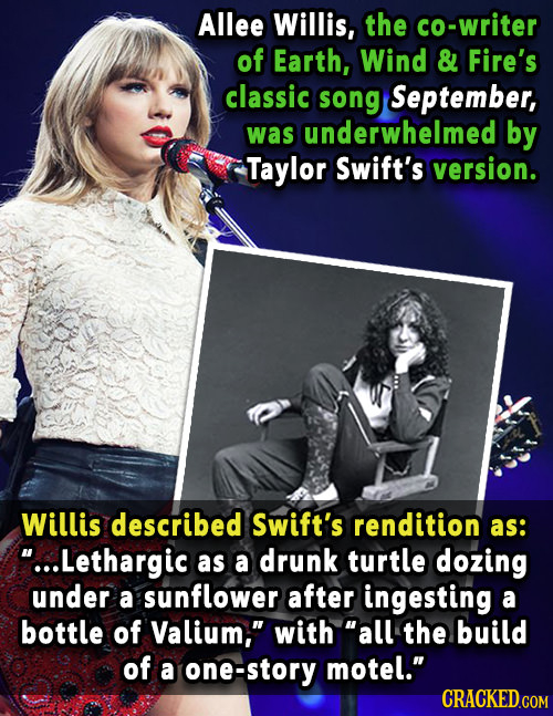 Allee Willis, the co-writer of Earth, Wind & Fire's classic song September, was underwhelmed by Taylor Swift's version. Willis described Swift's rendi