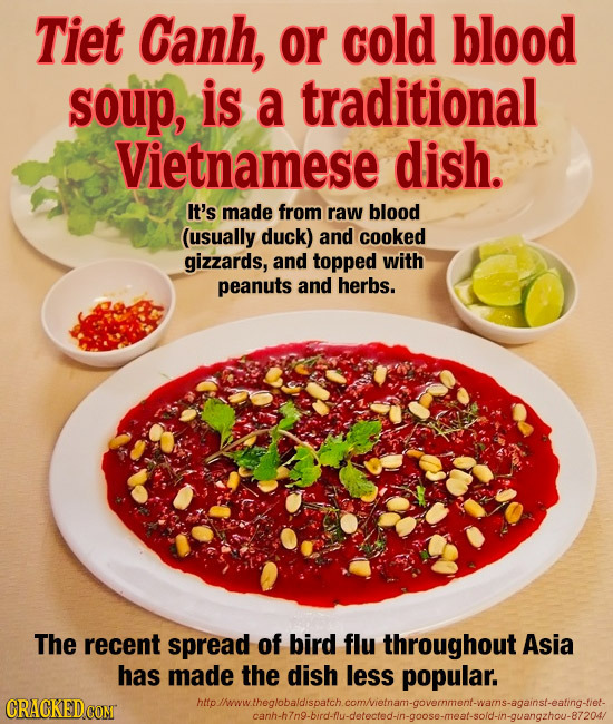 Tiet Canh, or cold blood soup, is a traditional Vietnamese dish. It's made from raw blood (usually duck) and cooked gizzards, and topped with peanuts