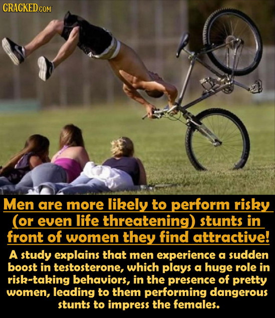 CRACKEDcO COM Men are more likely to perform risky (or even life threatening) stunts in front of women they find attractive! A study explains that men