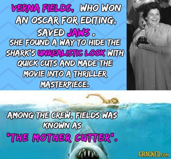 VERNA FIELDS, WHO WON AN OSCAR FOR EDITING, SAVED JAWS. SHE FOUND A WAY TO HIDE THE SHARK'S UNREALISTIC LOOK WITH QUICK CUTS AND MADE THE MOVIE INTO A