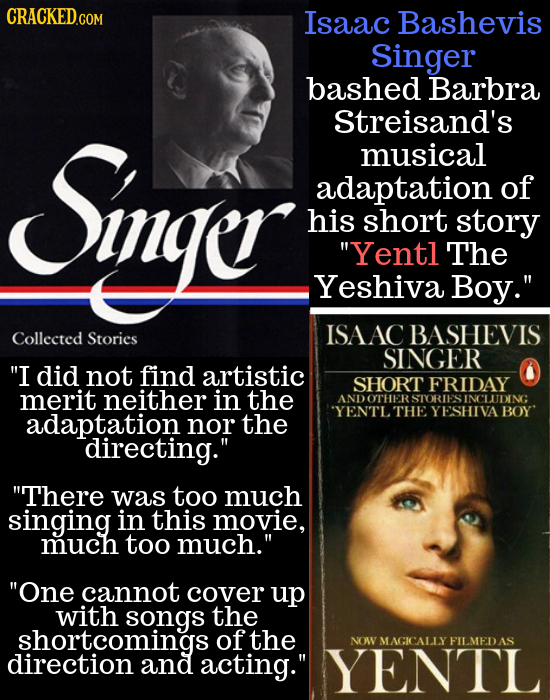 CRACKEDG Isaac Bashevis Singer bashed Barbra Sigge Streisand's musical adaptation of his short story Yentl The Yeshiva Boy. Collected ISAACBASHEVIS