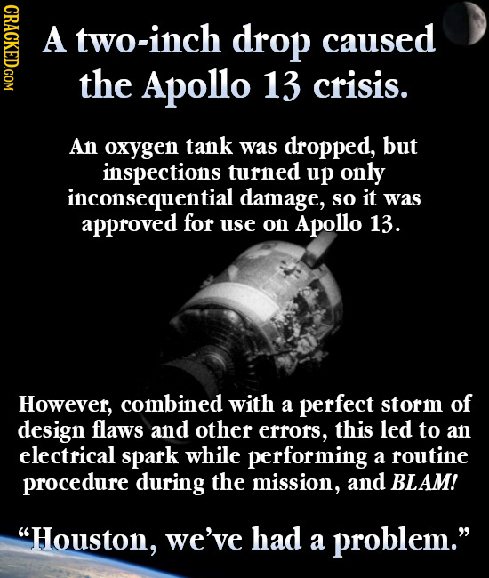 CDAOT A two-inch drop caused the Apollo 13 crisis. An oxygen tank was dropped, but inspections turned up only inconsequential damage, so it was approv