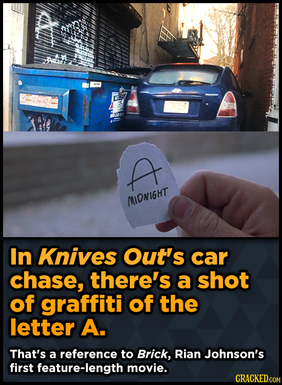 A MIDNIGHT In Knives Out's car chase, there's a shot of graffiti of the letter A. That's a reference to Brick, Rian Johnson's first feature-length mov
