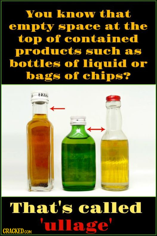 You know that empty space at the top of contained products such as bottles of liquid or bags of chips? ER2b That's called 'ullage'