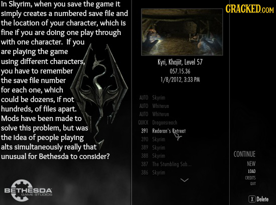 In Skyrim, when you save the game It simply creates a numbered save file and the location of your character, which Is fine if you are doing one play t