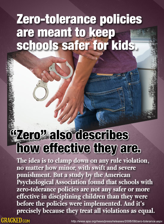 Zero-tolerance policies are meant to keep schools safer for kids. Zero' also describes how effective they are The idea is to clamp down on any rule 
