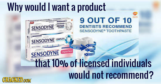 Why would I want a product 9 OUT OF 10 RECOMMEND SENSODYNE REPAUR DENTISTS SENSODYNE TOOTHPASTE OOREPUETE SENSODYNE RNSTOTY Onh SENSODYNE that 10% of
