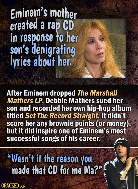 Eminem's mother created a rap CD in response to her son's denigrating lyrics about her. After Eminem dropped The Marshall Mathers LP, Debbie Mathers s