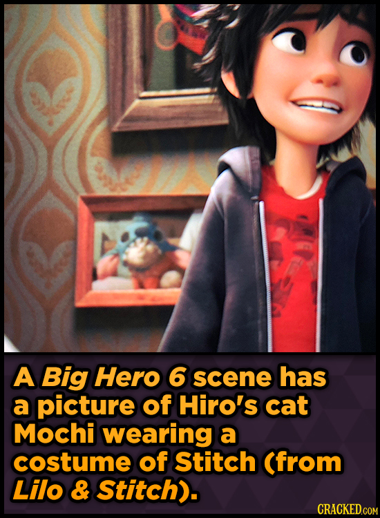 A Big Hero 6 scene has a picture of Hiro's cat Mochi wearing a costume of Stitch (from Lilo & Stitch).