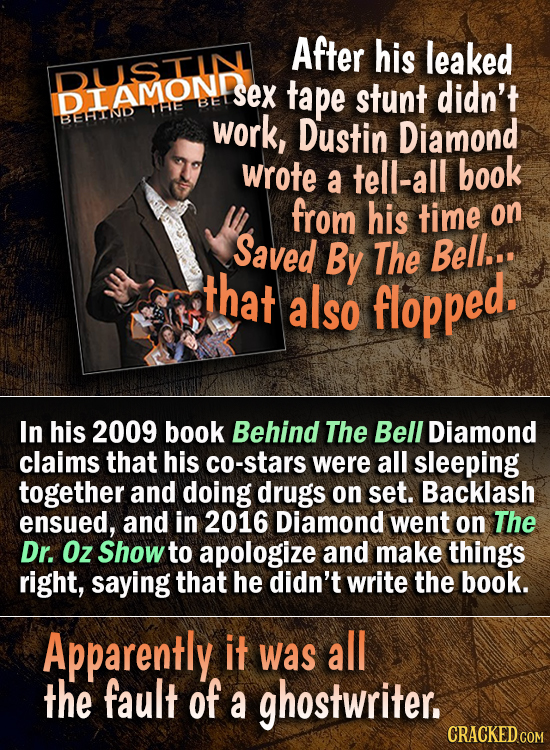 After his leaked DUSTLNL sex tape stunt didn't DIAMOND BE THE BEIND work, Dustin Diamond wrote a tell-all book from his time on Saved By The Bell... t