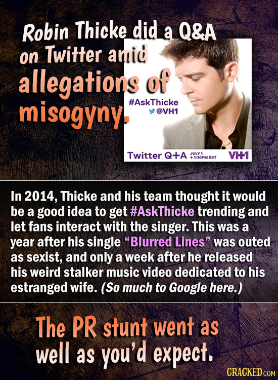 Robin Thicke did a Q&A on Twitter amid allegations of misogyny #AskThicke @VH1 Twitter Q+A JJULY VH 113OPMEST In 2014, Thicke and his team thought it
