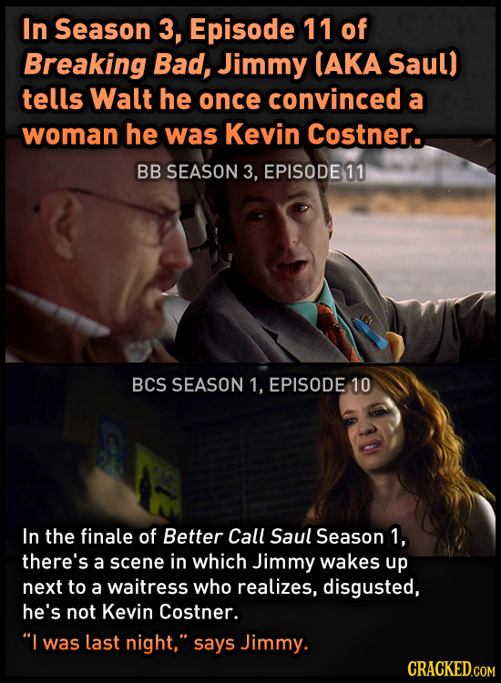In Season 3, Episode 11 of Breaking Bad, Jimmy (AKA Saul) tells Walt he once convinced a woman he was Kevin Costner.. BB SEASON 3, EPISODE 11 BCS SEAS