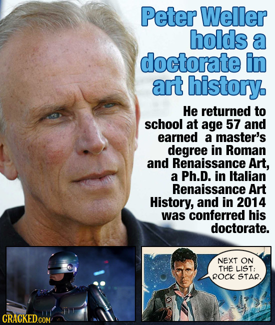 Peter Weller holds a doctorate in art history. He returned to school at age 57 and earned a master's degree in Roman and Renaissance Art, a Ph.D. in I