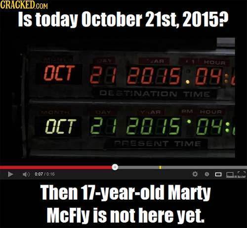 CRACKED Is today October 21st, 2015? AR HOUR OCT 2 2085 04 DESTINATION TIME ant DAY YHAR OM HOUA OCT 28 2085 04: ORESEIT TIME 007/0-16 Then 17-year-ol