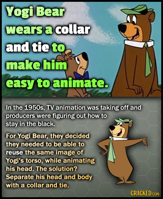 Yogi Bear wears a collar and tie to make him easy to animate. In the 1950s, TV animation was taking off and producers were figuring out how to stay in