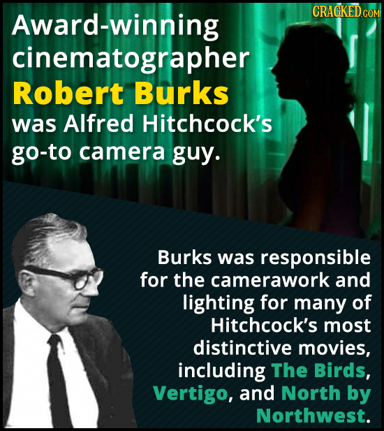 Award-winning COM cinematographer Robert Burks was Alfred Hitchcock's go-to camera guy. Burks was responsible for the camerawork and lighting for many