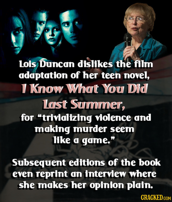 lois Duncan dislikes the flm adaptation of her teen novel, 1 KnOW What You Did Last Summer, for trivializing violence and making murder seem like a g