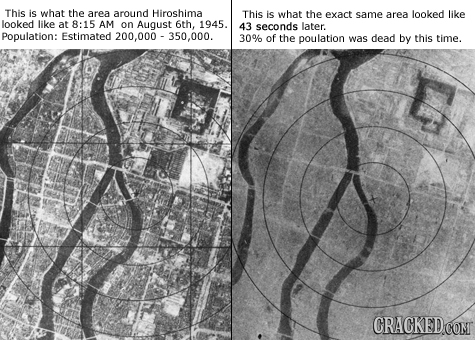 This is what the area around Hiroshima This is what the exact same area looked like looked like at 8:15 AM on August 6th, 1945. 43 seconds later. Popu