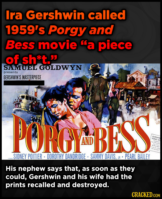 Ira Gershwin called 1959's Porgy and Bess movie 'a piece of sh*lt. SAMUEL GOLDWYN presents GERSHWIN'S MASTERPIECE POROY BESS AND GERSHW SONG SIDNEY