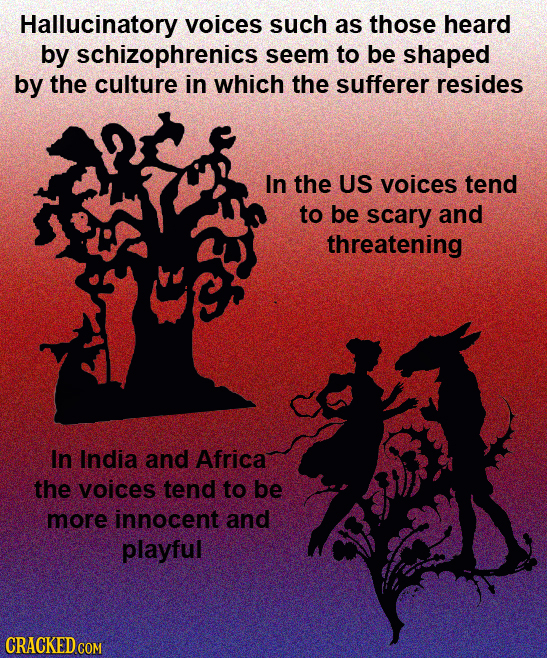 Hallucinatory voices such as those heard by schizophrenics seem to be shaped by the culture in which the sufferer resides In the US voices tend to be