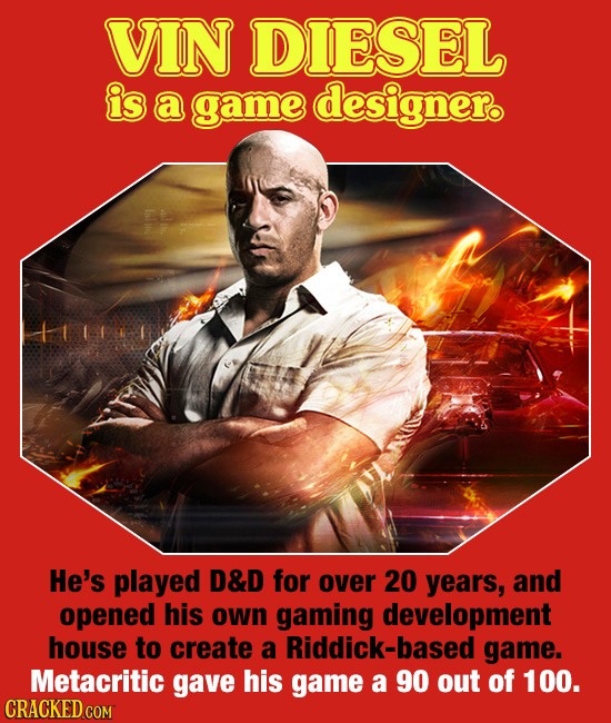 VIN DIESEL is a game designer. He's played D&D for over 20 years, and opened his own gaming development house to create a Riddick-based game. Metacrit