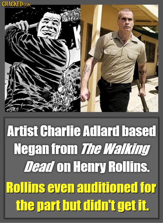 CRACKEDcO COM Artist Charlie Adlard based Negan from The Walking Dead on Henry Rollins. Rollins even auditioned for the part but didn't get it.