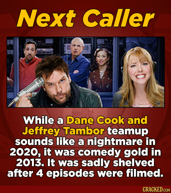 Next Caller 300 While a Dane Cook and Jeffrey Tambor teamup sounds like a nightmare in 2020, it was comedy gold in 2013. It was sadly shelved after 4