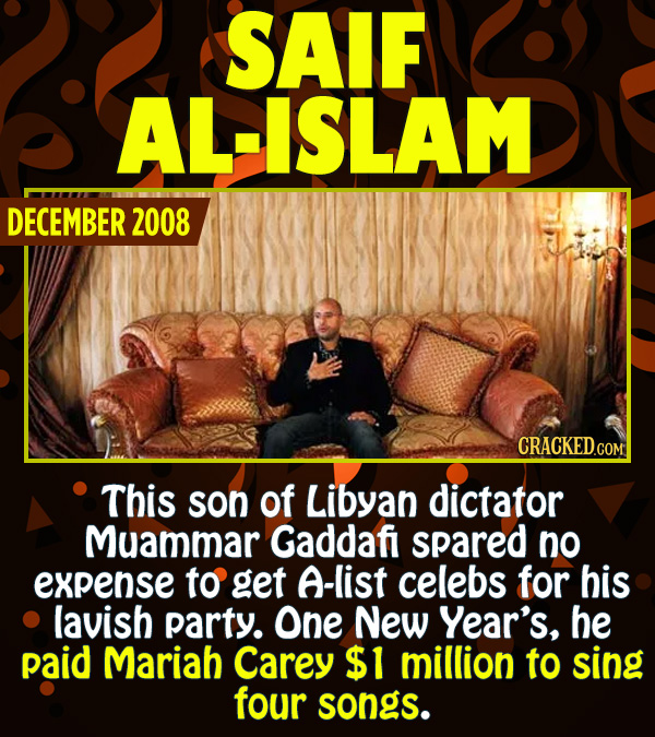 15 Epic Feats of Partying by Famous People - This son of Libyan dictator Muammar Qaddafi spared no expense to get A-list celebs for his lavish party.