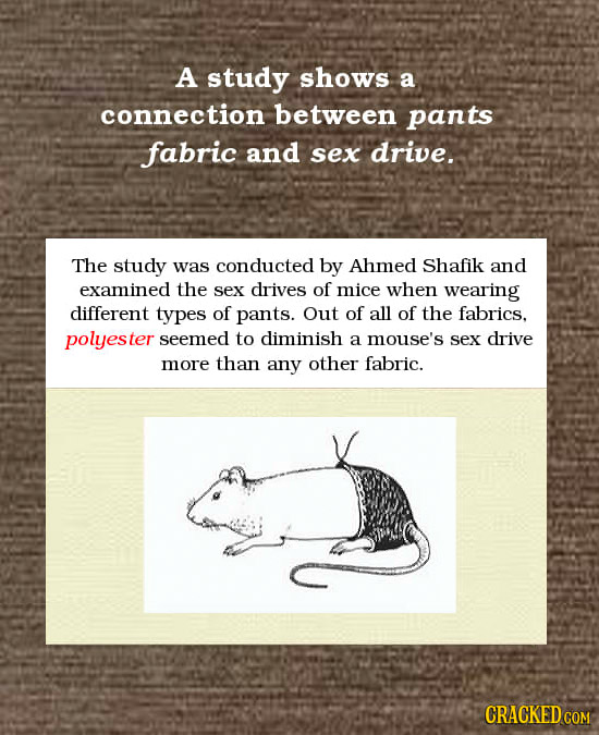 A study shows a connection between pants fabric and sex drive. The study was conducted by Ahmed Shafik and examined the sex drives of mice when wearin