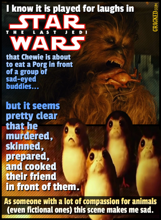 I know it is played for laughs in STAR THE LAST JEDI WARS CRACKED.COM that Chewie is about to eat a Porg in front of a group of sad-eyed buddies... bu