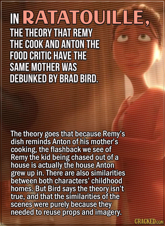 15 Convincing Fan Theories, Debunked - In Ratatouille, the theory that Remy the cook and Anton the food critic have the same mother was debunked by Br
