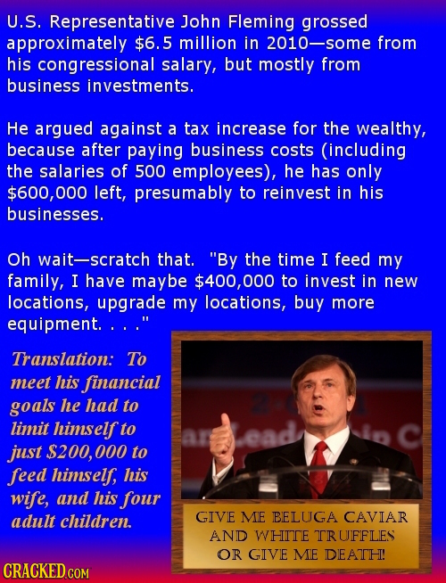 U.S. Representative John Fleming grossed approximately $6.5 million in 2010-s0m from his congressional salary, but mostly from business investments. H