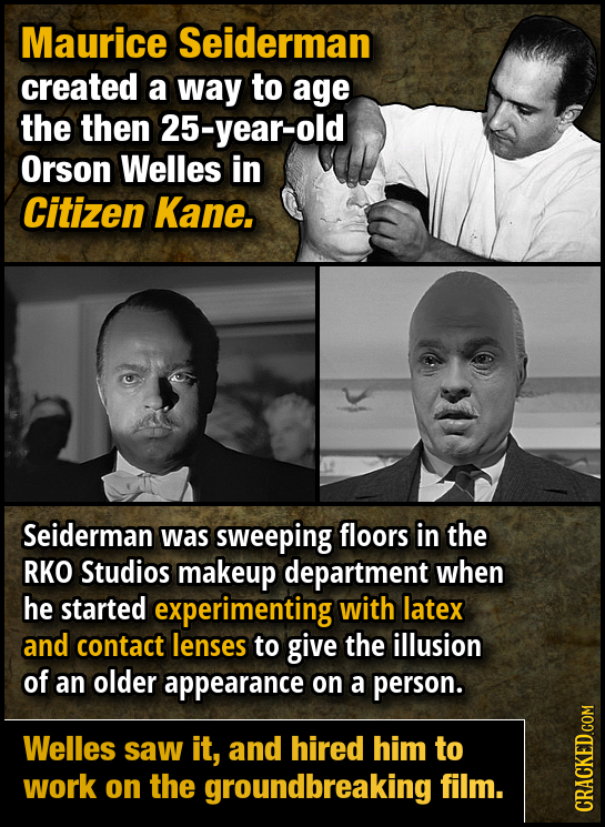 Maurice Seiderman created a way to age the then 25-year-old Orson Welles in Citizen Kane. Seiderman was sweeping floors in the RKO Studios makeup depa