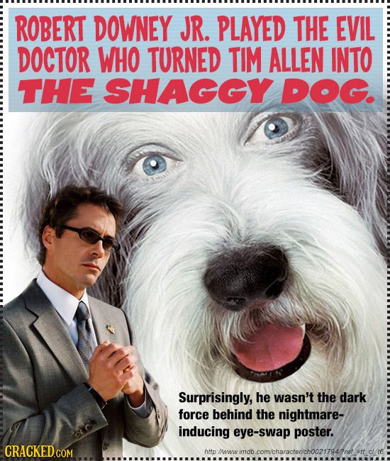 ROBERT DOWNEY JR. PLAYED THE EVIL DOCTOR WHO TURNED TIM ALLEN INTO THE SHAGGY DOG. Surprisingly, he wasn't the dark force behind the nightmare- induci