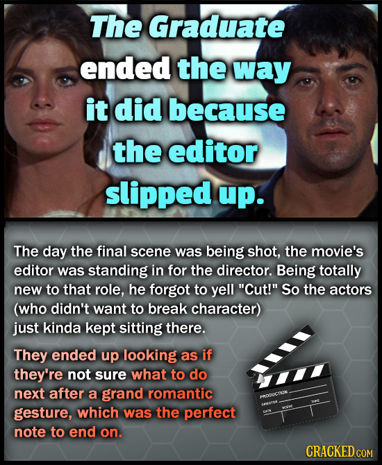 The Graduate ended the way it did because the editor slipped up. The day the final scene was being shot, the movie's editor was standing in for the di