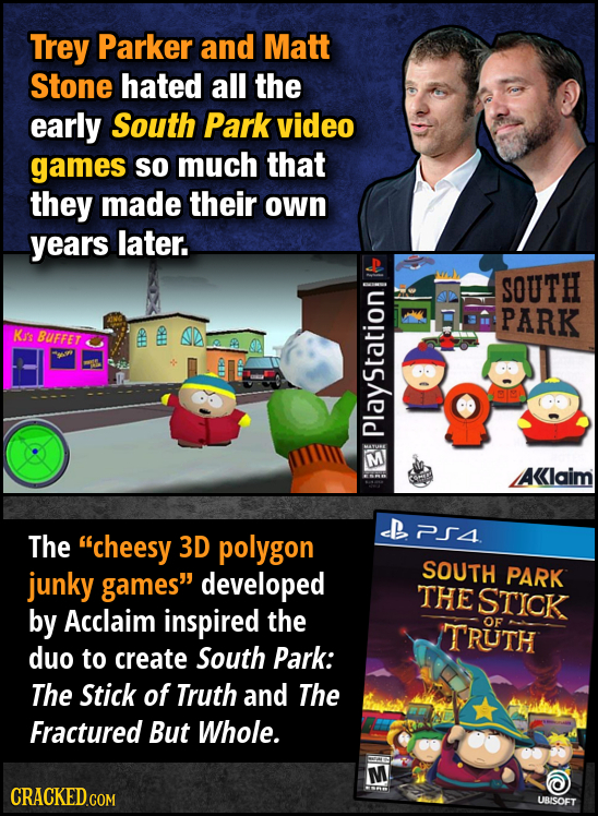 Trey Parker and Matt Stone hated all the early South Park video games So much that they made their own years later. SOUTH PARK Ki's BUFFET oE 8 P piav