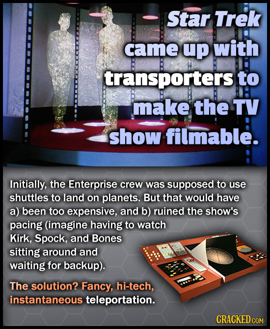 Star Trek came up with transporters to make the TV show filmable. Initially, the Enterprise crew was supposed to use shuttles to land on planets. But